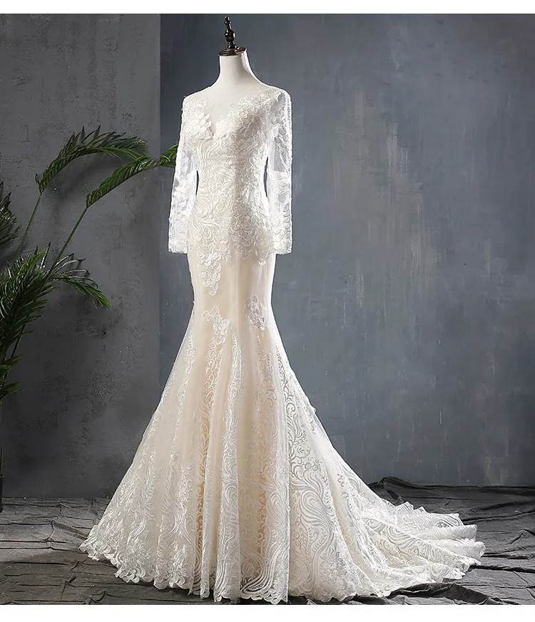 Long Sleeve O Neck Mermaid Applique Lace Bride Wedding Dress Beige
