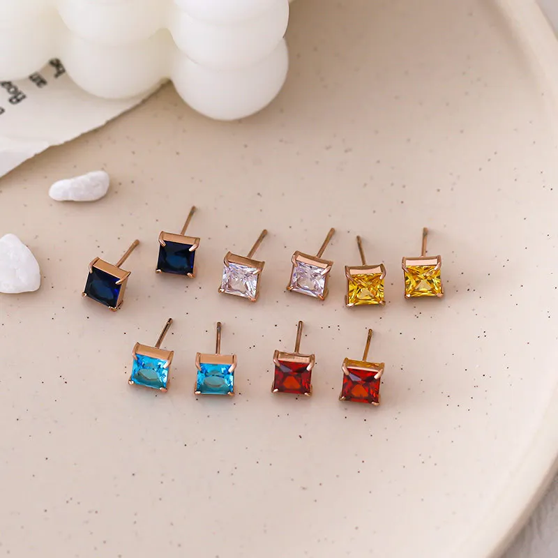

Drop Shipping Stainless Steel Square Colorful Zircon Stud Earrings For Women 14K Gold Filled Jewelry Gift