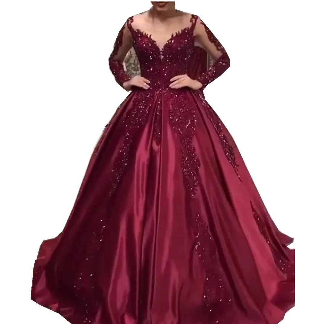 

Latest design bridesmaid dress lace mesh embroidery see through sequin v neck floor length luxury plus size wedding dresses