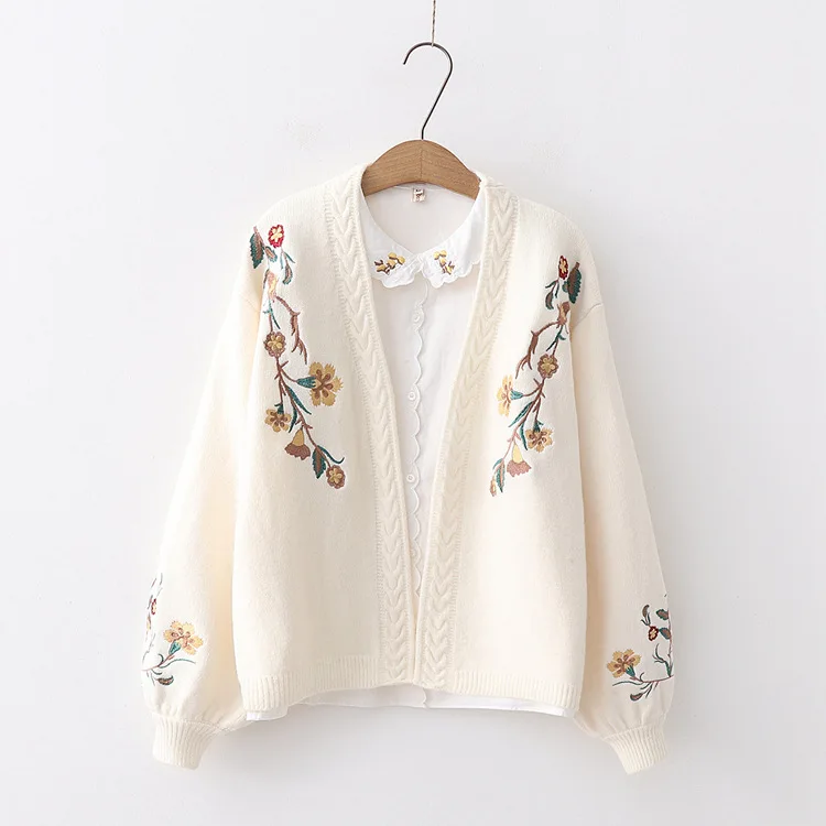 

2020 autumn and winter forest small fresh flower embroidery cardigan sweater V-neck cute sweater women's jacket top