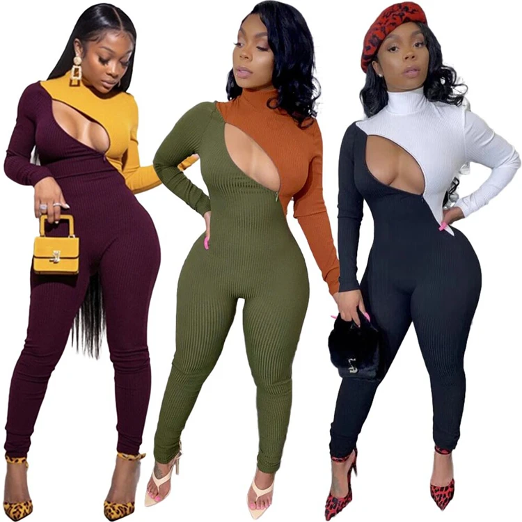 A110476 fashionable casual zipper open front contrast color women Bodycon Casual Long Sleeve Jumpsuit
