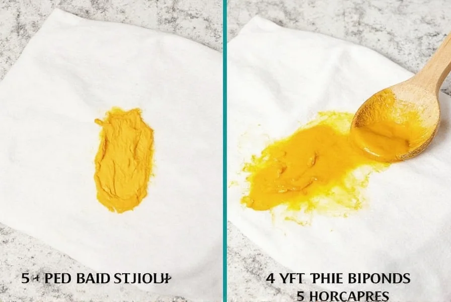 Step-by-step process showing turmeric stain removal using baking soda and hydrogen peroxide paste on white cotton fabric