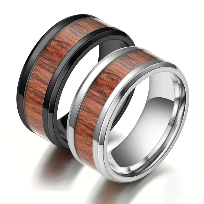 

Hot Selling Creative Wood Grain Inlaid Ring Jewelry Men Stainless Steel Wood Rings