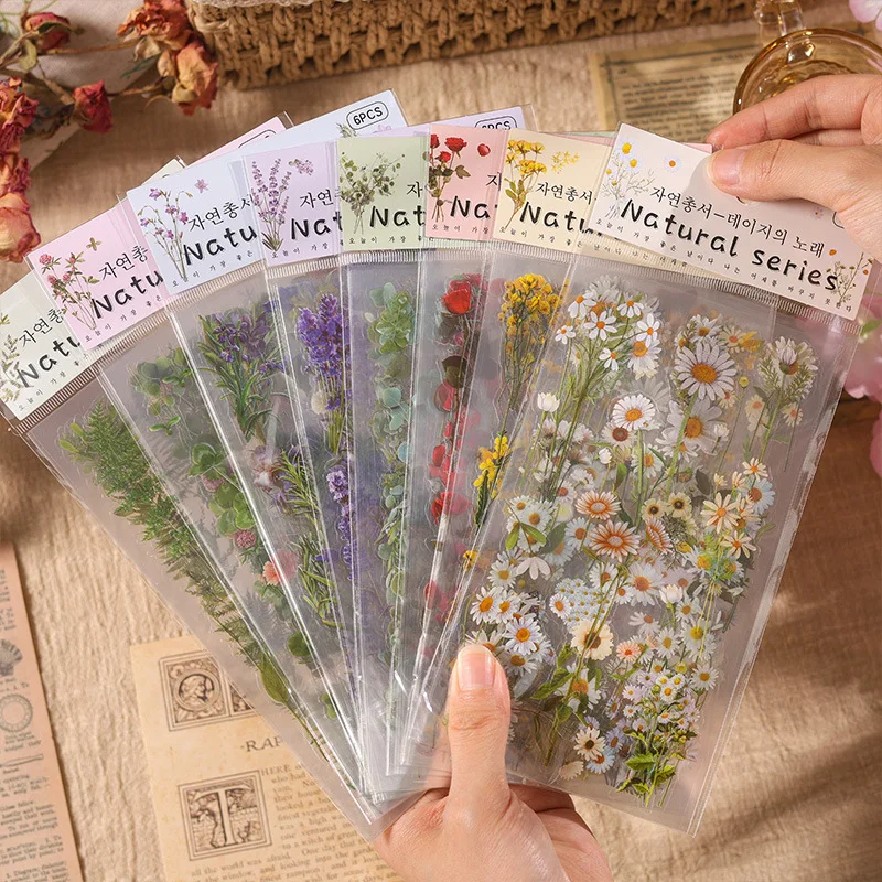 

6pcs/pack nature series handbook sticker pack pvc plants flowers vintage material paper children handbook stickers