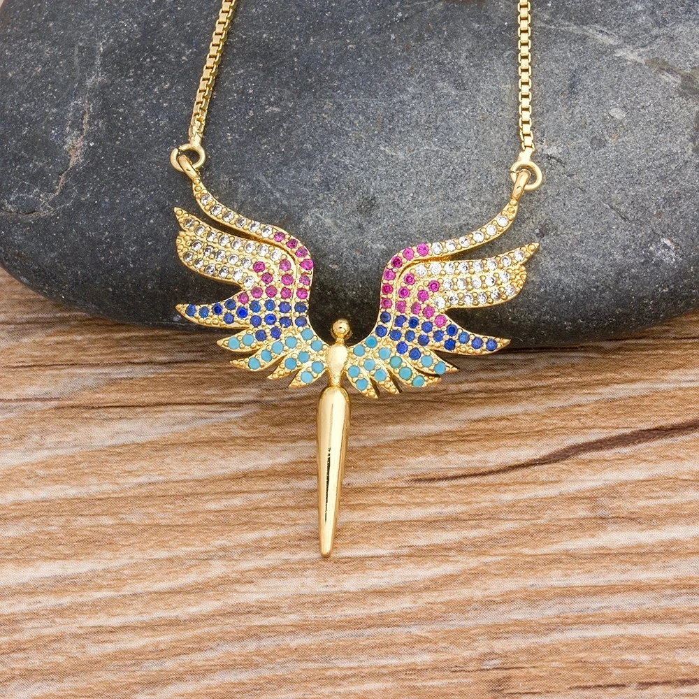 

Best Jewelry Gift Classic Angel Wings Rainbow Pendant Necklace Copper Cubic Zirconia Gold Chain Necklace For Women