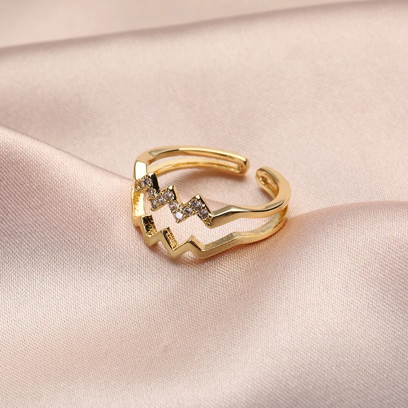 

New design Staineless Steel 18k Gold Plated Double Adjustable Opening Zircon Water Ripple Index Finger Ring