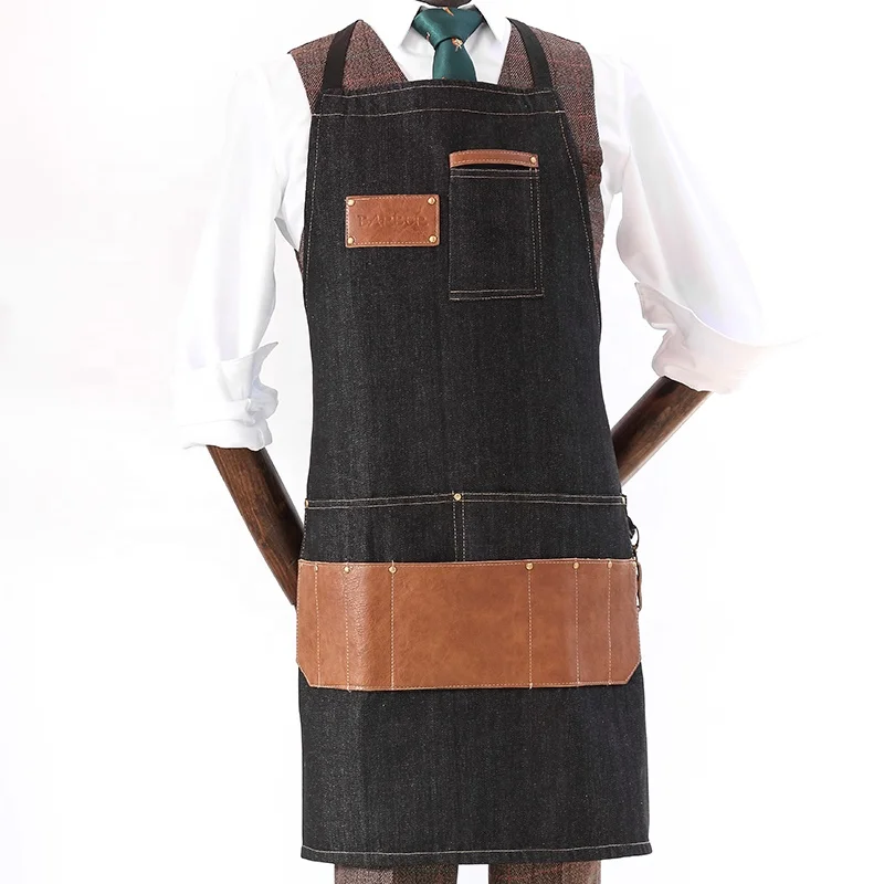 

SunYue Black Hairstylist Denim Apron Barista Cowboy Apron For Men, Can be customized