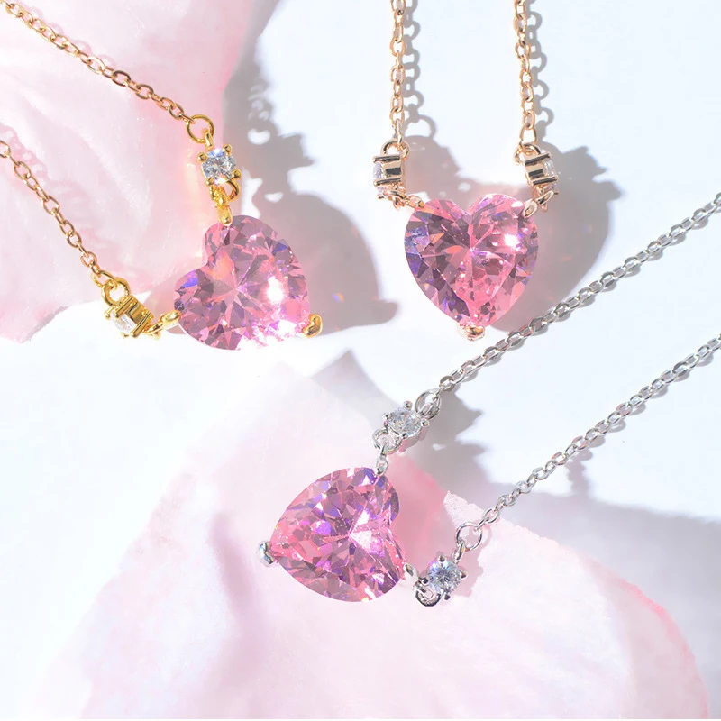 

XL61457 Korean jewllery necklace fashion gold plated women jewelry pink heart crystal zircon pendant necklaces