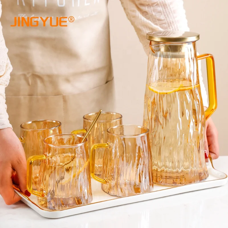 

Nordic Accept Logo Customize 1.8L High Borosilicate Amber Glass Hot and Cold Juice Water Jug Set with 4 Cups, Amber,gray,transparent