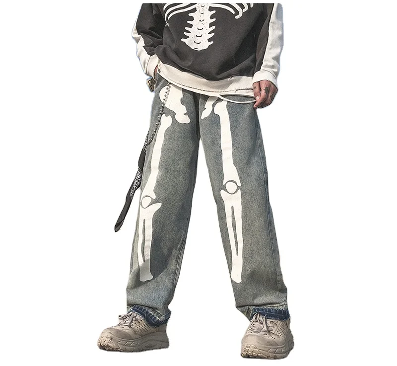 

Men's Skeleton Oversized Blue Jeans 2021 Denim loose Street Style Hip-hop Hip-hop Pants High Waist Denim Trousers Men's Jeans