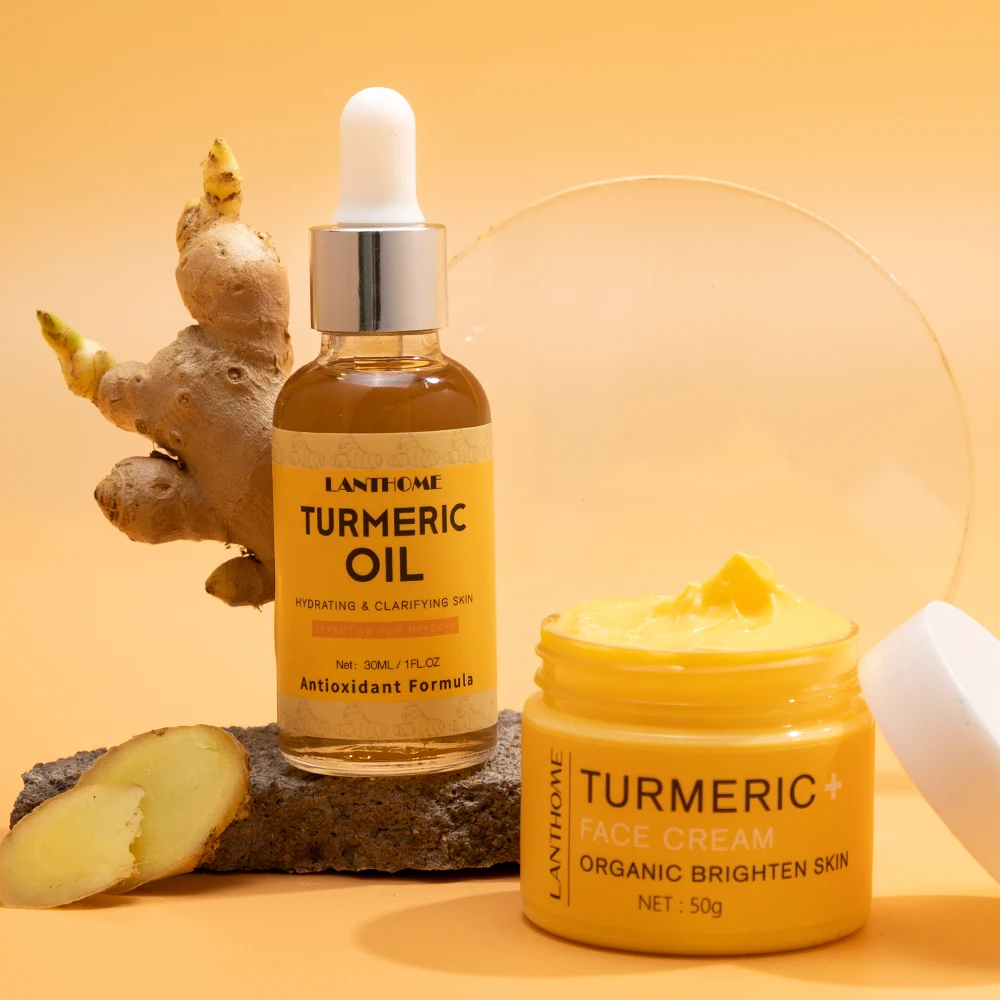 

Lanthome OEM ODM Natural Skincare White Face Eye Facial Brightening Anti Acne Serum Oil Cream skin care turmeric set