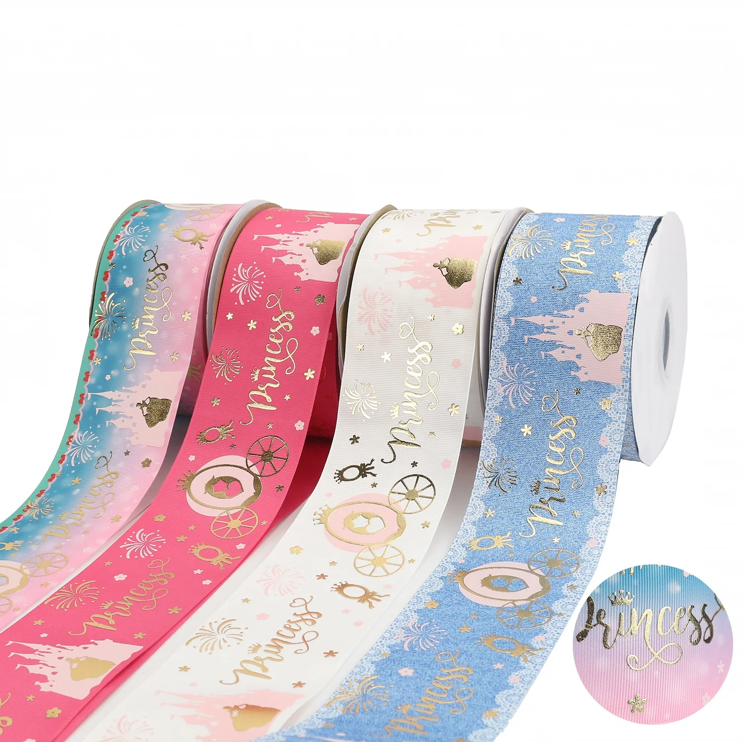 

Midi Ribbons Popular Listones 3" Gold Foil Printed Princess Grosgrain Ribbon Roll For Crafts Hair Bow, Request