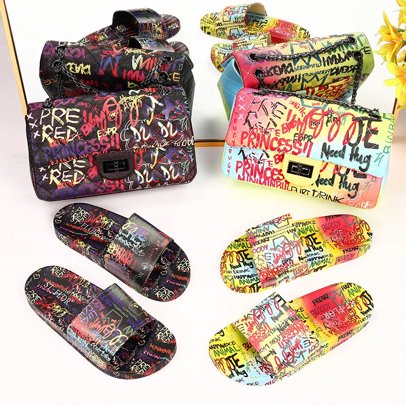 

purse and shoe sets 2021 new graffiti shoes matching sandals slides women bags and slippers purses and handbags