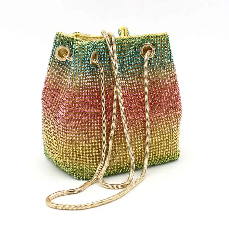 

Women Luxury Rainbow Rhinestone Bucket Crossbody Shiny Crystal Party Handbag Purse Wholesale Sling Shoulder Bag