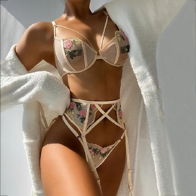

HKMN Hot Sale Women Underwear Set Embroidered Floral lace Mesh see-through sexy lingerie Set, Shown