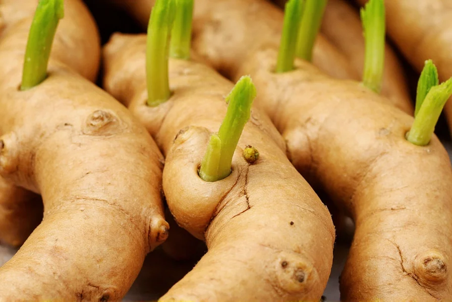 Close-up of ginger plant rhizome showing knobby texture, tan skin, and growth nodes with young shoots emerging from eyes