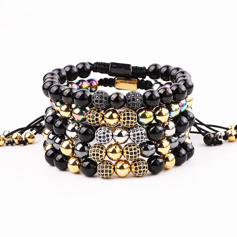 

New Fashion Natural Gemstone Black Agate Hematite Custom Engrave Friendship Macrame Beaded Bracelet Men