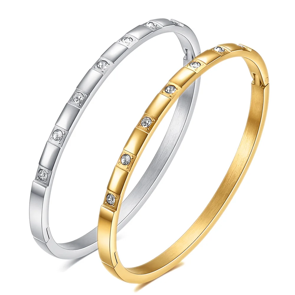 

4MM Inlaid zircon stones bracelet 2024 18K gold stainless steel crystal bangle fashion simple luxury bracelet jewelry for female