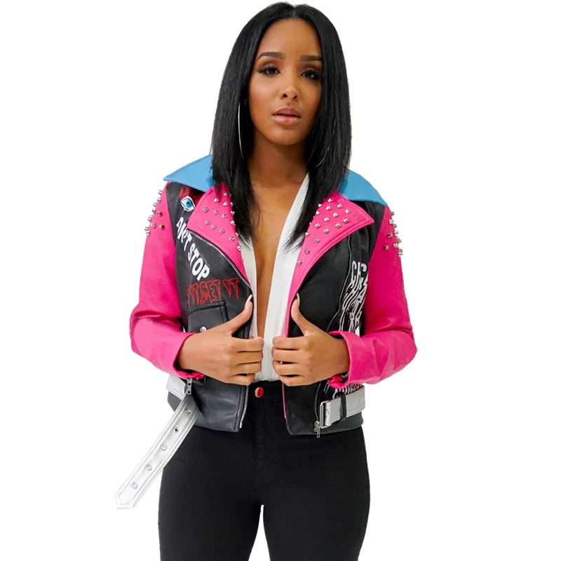 

Wholesale 2020 Fashion Women's Faux Leather Motorcycle Jacket PU Slim Pink Studded Short Biker Coat Plus Size Jackets