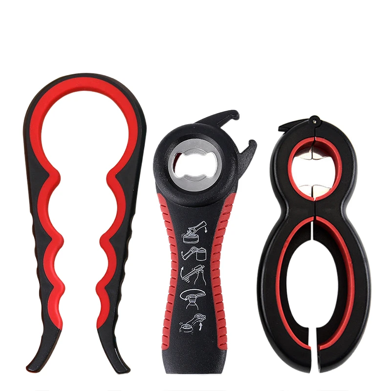 

3 Pack 5-in-1 and 6-in-1 Multi Kitchen Tools Set and 4-in-1Jar Grip Opener Lid Seal Remover Lid Twist Off for Children Elderly, Black red