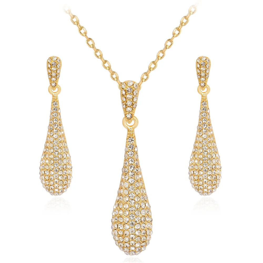 

Hot Sales Fashion Gold Diamond Crystal Rhinestone Tear Drop Wedding Necklace Earrings Jewelry Sets