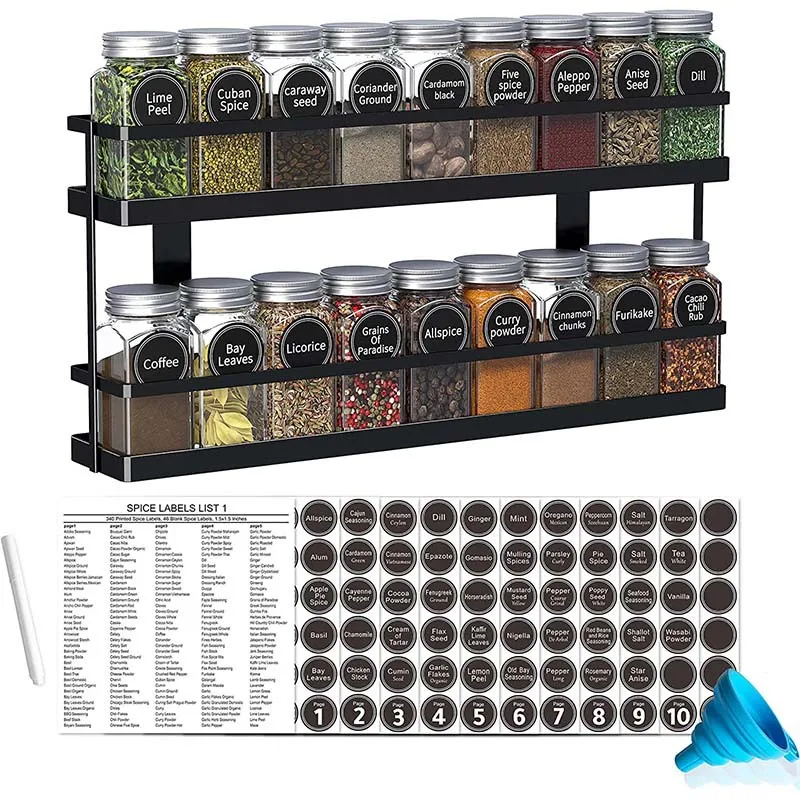 

2 Tiers Hanging Spice Jars Organizer with 18 Empty Round Jars Labels Chalk Marker and Funnel Spice Rack Organizer for Countertop