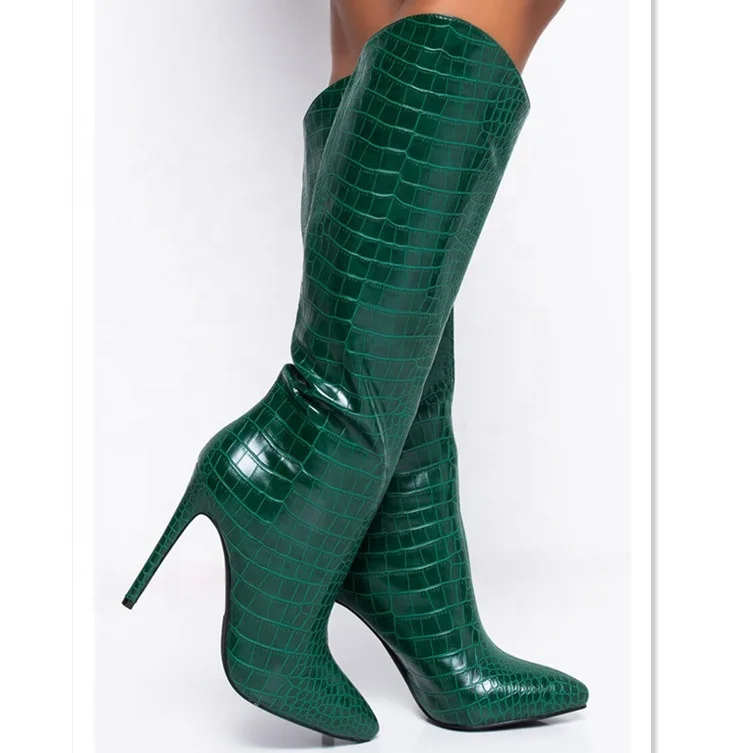 

Fashion Women Green Crocodile Knee High Stiletto Heel Booties Ladies Pointed Toe High Heel Leather Boots
