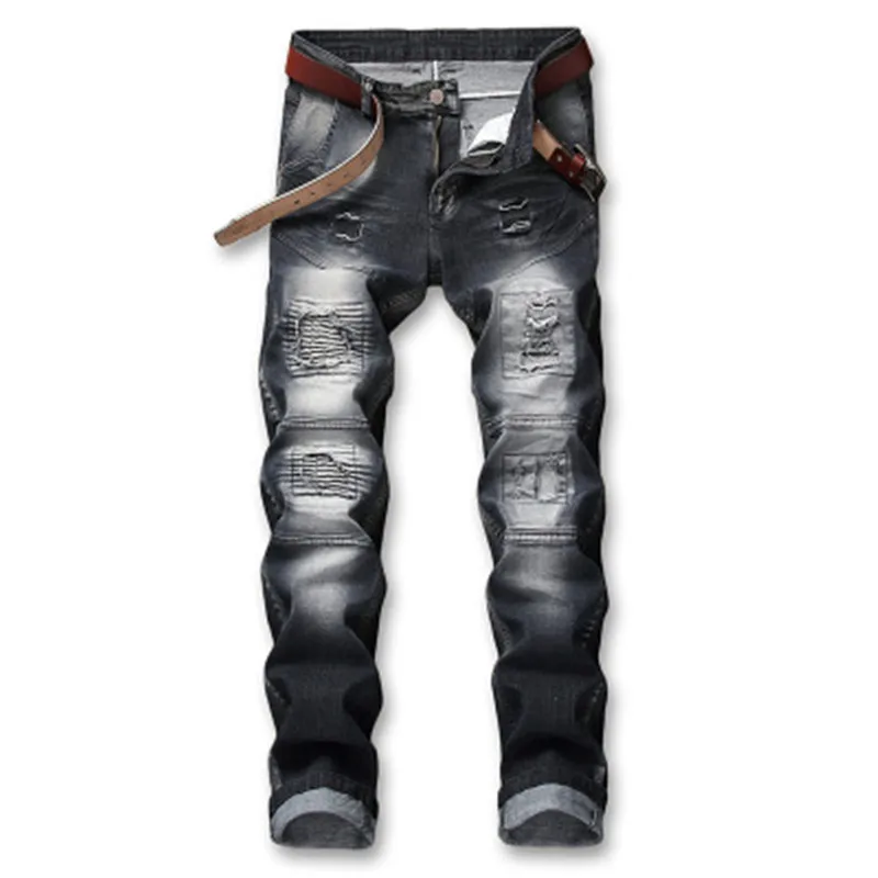 

Men's flexible Fashion Tight denim Pencil Stretch straight pleated crepe Jeans, Customized color