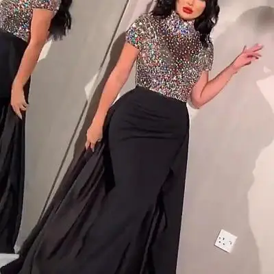 

2021 High Neck Hot Stamping Black Sleeveless Evening Dresses 2021 Long Prom Gowns For Women, Picture