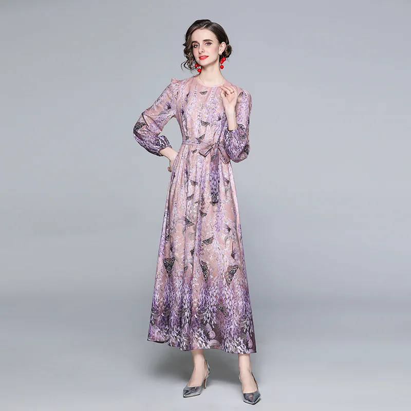 

New Arrivals Graceful Women Fashion Purple Print O Neck Long Sleeve Runway Style Dress, Picture
