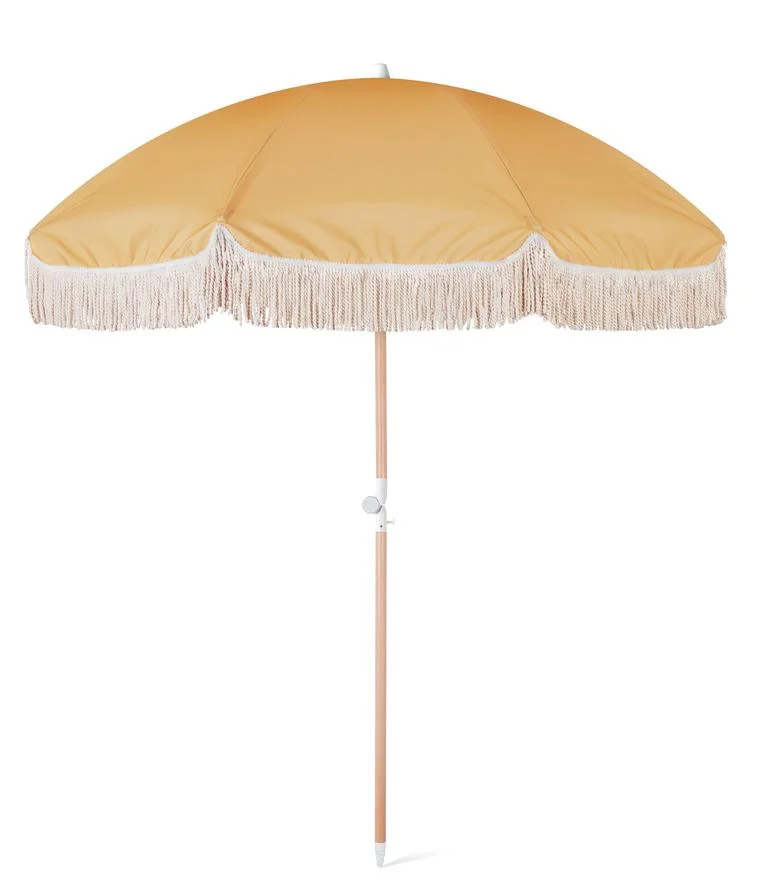 

Custom Luxury Portable 8 Feet Vintage Boho Wooden Pole Canvas Yellow Fringe Sun Outdoor Parasols Beach Umbrellas With Tassels, Customized color