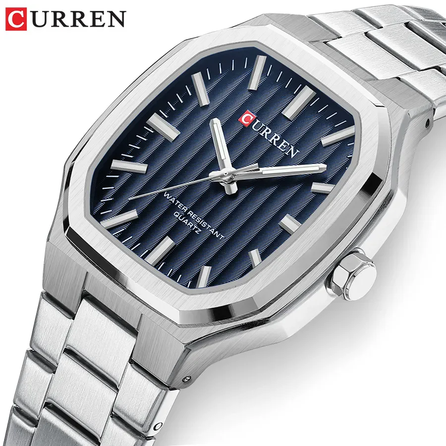 For CURREN 8458 Men's Casual Sport Fashion Quartz Wristwatch Stainless Steel Bracelet New Square Design 37mm Dial Luminous Hands