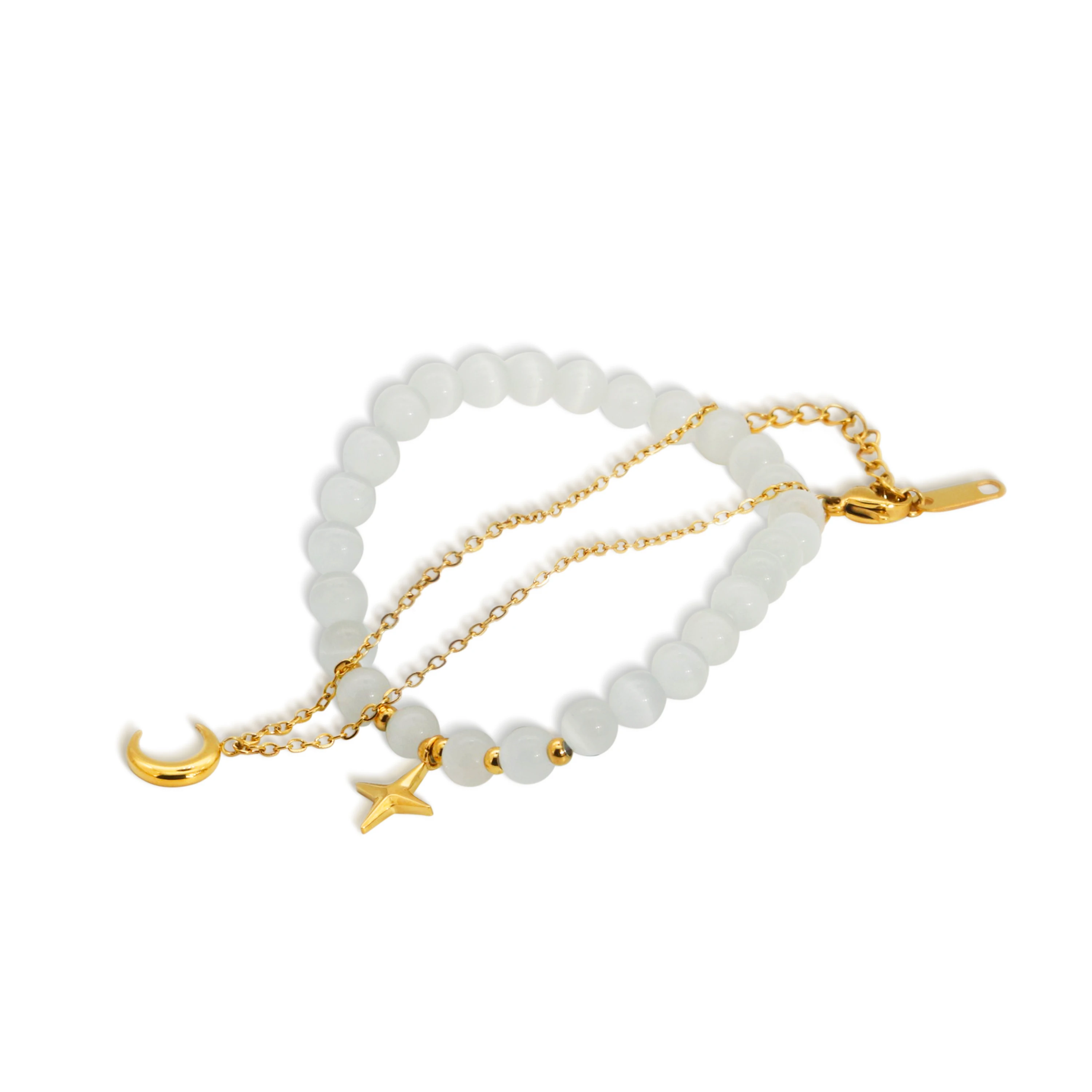 

Chris April in stock 316L stainless steel PVD gold plated cat's eye beads star and moon bracelet set