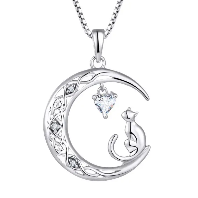

Fine Jewelry Cat Halfmoon Necklace 925 Sterling Silver Heart Shape Stone Moon Cat Pendant Necklace