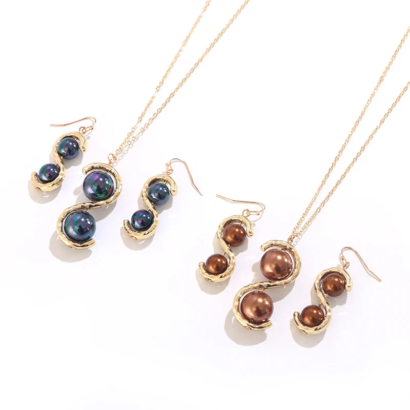 

Komi hawaiian pearl necklace earrings set for women female gold plated bohemian jewelry set wholesale wedding gifts, As shown