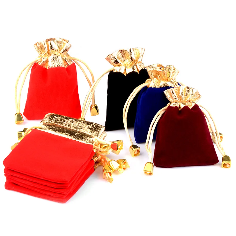 

7X9cm Wholesale Jewelry Packing Pouch Small Gold Trim Drawstring Gift Velvet Bag