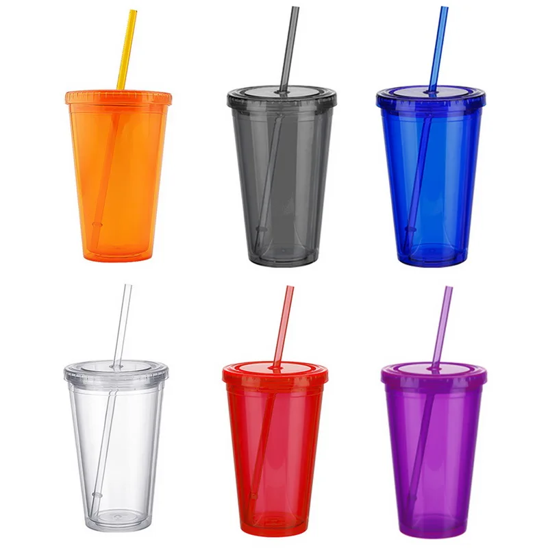 

Wholesale Cheap Eco-Friendly Custom Logo Printed Double Wall Coffee Straw Cup 16oz Plastic Cups with Lids, 6 color/customized color