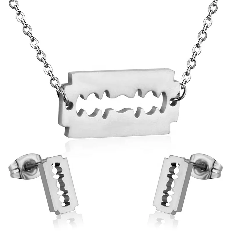 

Wholesale Fashion Trend Jewelry 316L Stainless steel Minimalist Razor Blade Necklaces And Earrings Jewelry Sets, Gold, silver