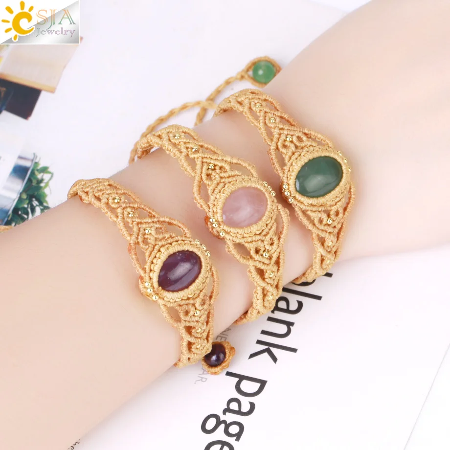 

CSJA braided rope boho bracelet handmade natural stone crystal cabochon bead adjustable friendship bracelets for women G993