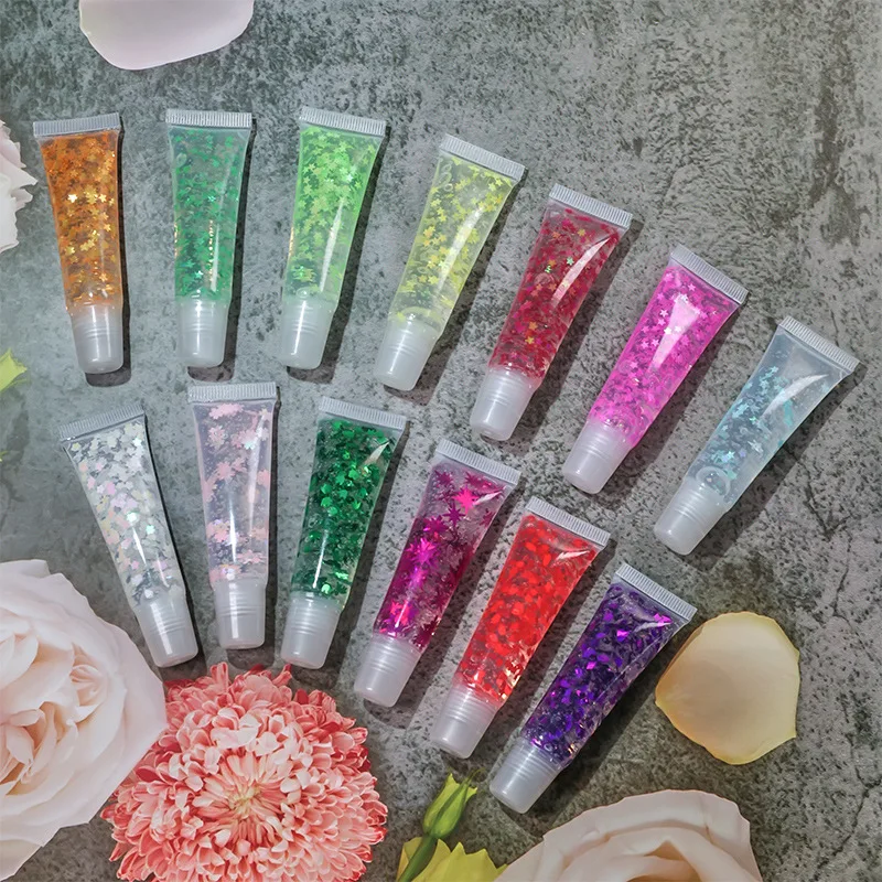 

Lovely Cherry Blossom Star Sequins Children Lip Gloss Squeeze Tube Lip Glaze Spot Wholesale Small Batch Make You Own Label, Customization welcome