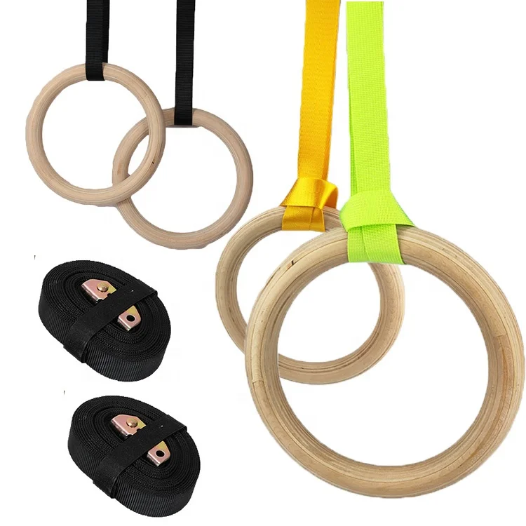 

Customized Premium 28mm 32mm Wooden Gymnastic Rings, Black strap, wooden color ring