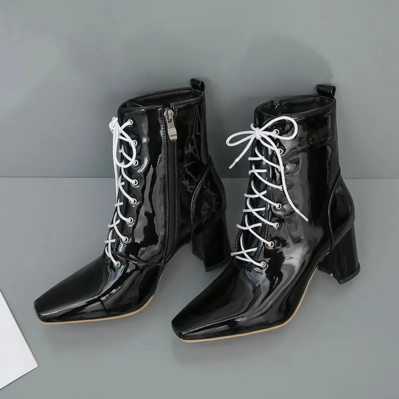 

Autumn Winter Women Shoes Black Patent Leather High Heels Square Toe Ankle Boots, Black/white/red