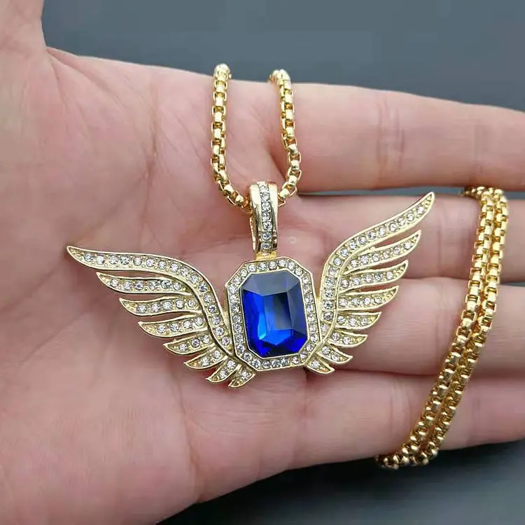 

GZYS JEWELRY Hiphop 18k Gold Plated 316 Stainless Steel Angel Wing Stone Pendant Necklace with Chain