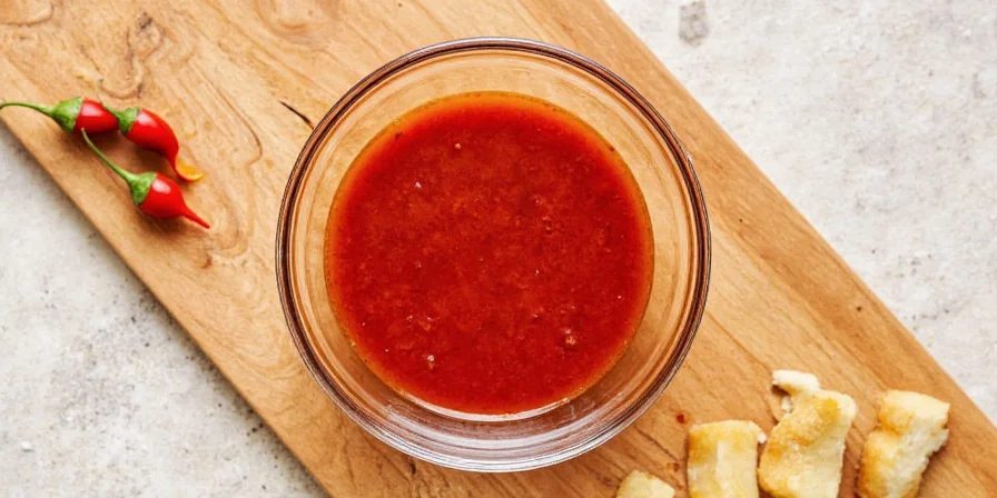 Glass jars filled with red Thai chili sauce stored in refrigerator