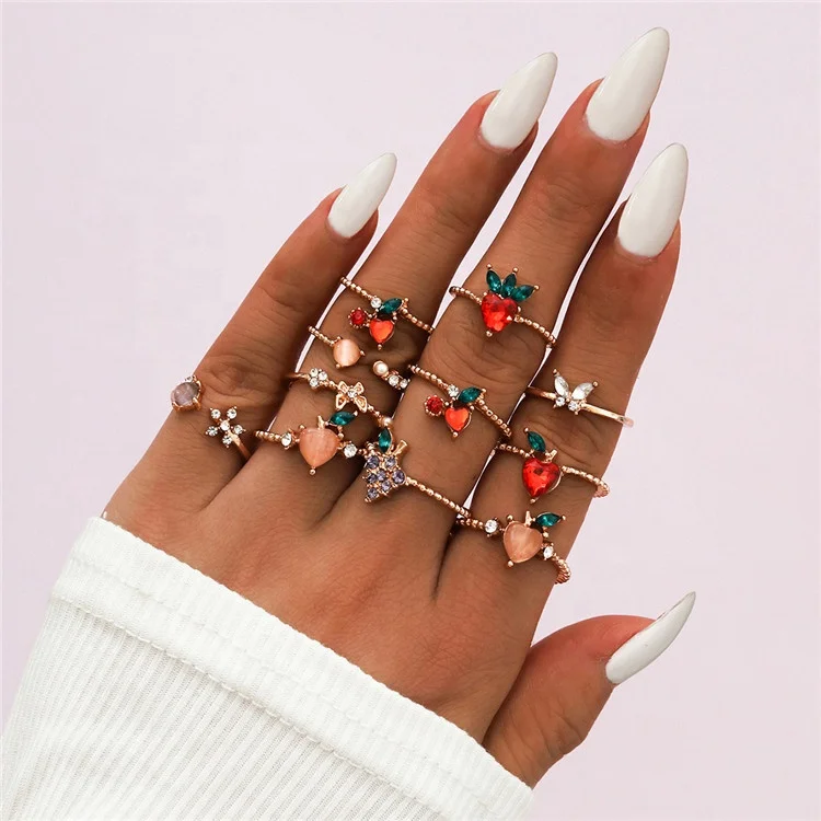 

11PCS/SET Cutie Sweet Cherry Strawberry Crystal Metal Gold Finger Rings Womens, Picture