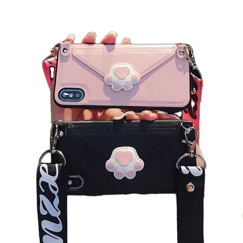 

Cute Cartoon Cat Paw Crossbody Card Slot Wallet Phone Case For iPhone 12 Pro Max 11 Xs Max 7 8 Plus With Lanyard Strap, 7 colors