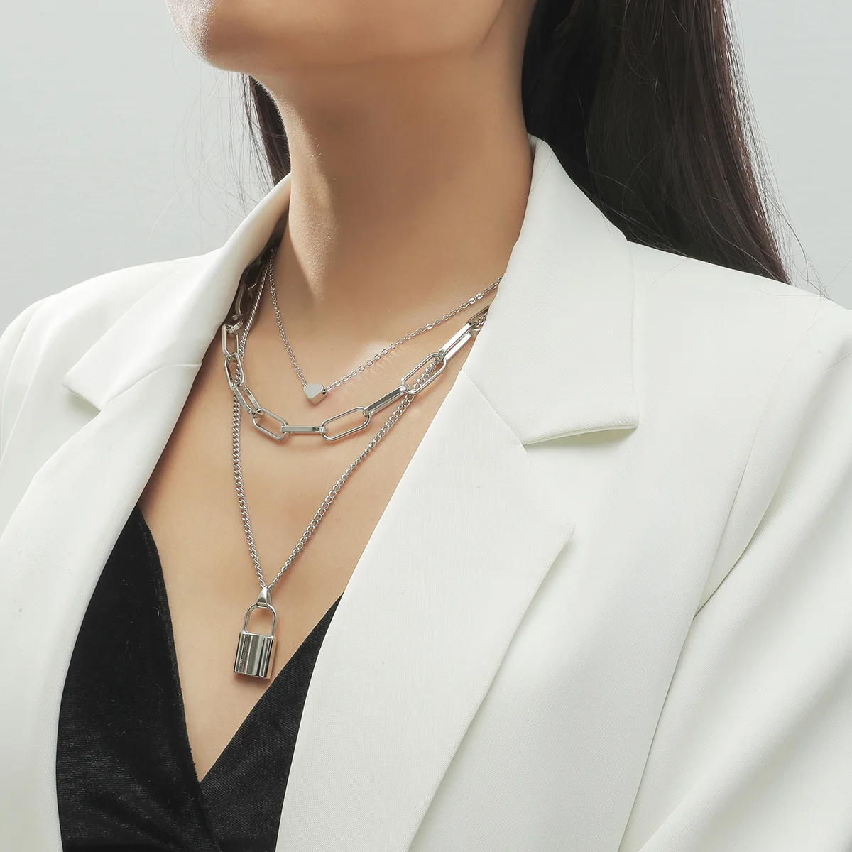 

Vintage Stainless Pendant LOCK HEART Steel Chain Pendant Necklace 3pcs/set SS006, As the pictures