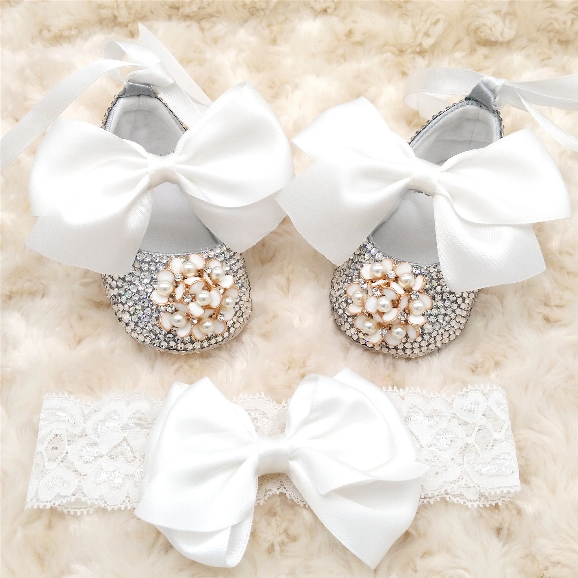 

Original Design Rose Flower Crystal Newborn Shoes Bling Princess Flats Baby Girl Walker Shoes with Headband