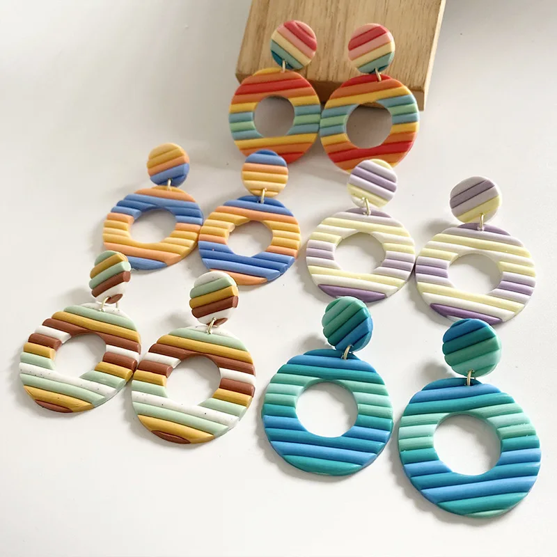 

Polymer Clay Soft Pottery Earrings Rainbow Strips Texture Round Geometric Clay Earrings Polymer Handmade For Women Girl