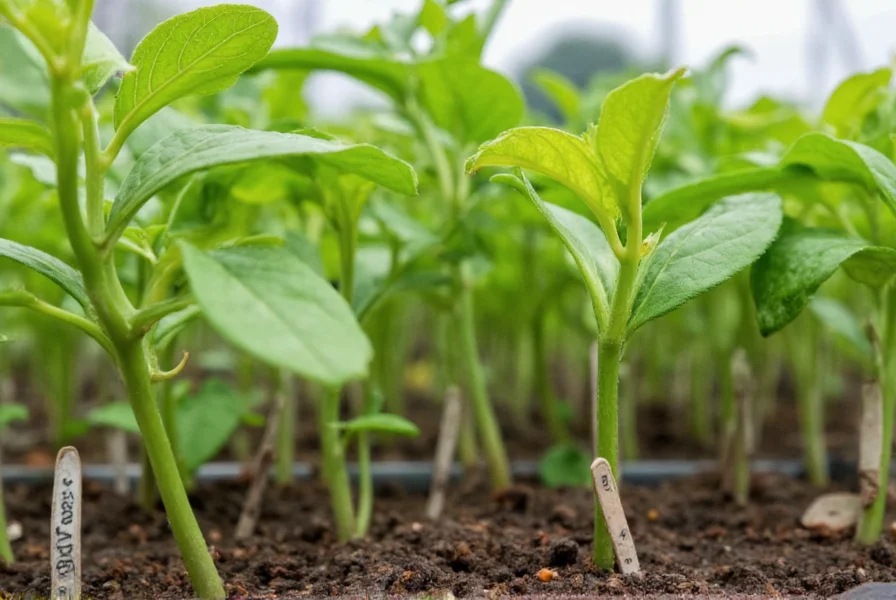 Close-up of healthy pepper seedlings emerging from soil in a greenhouse setting with proper labeling